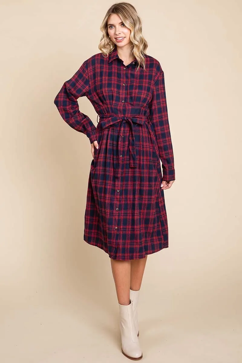 Long Sleeve Plaid Belted Flannel Shirt Dress