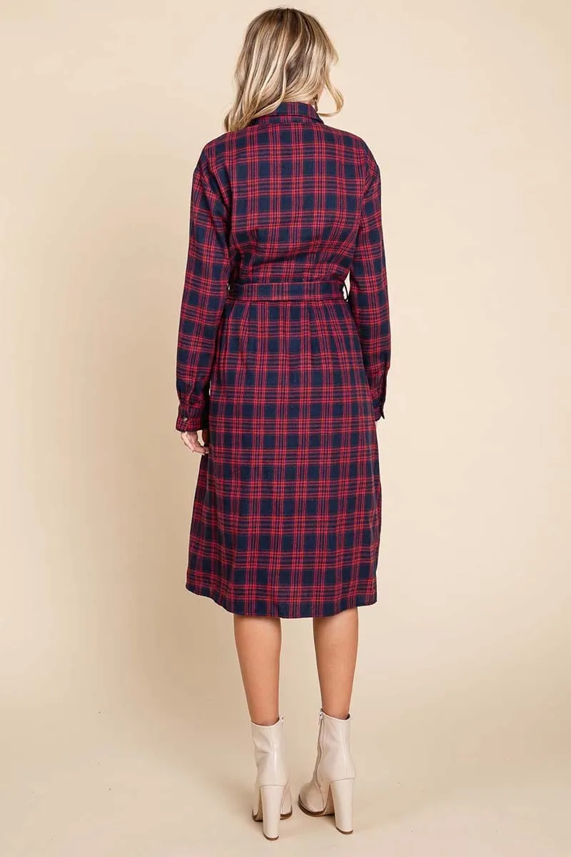 Long Sleeve Plaid Belted Flannel Shirt Dress