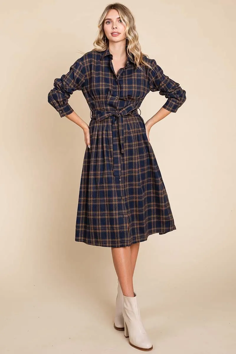 Long Sleeve Plaid Belted Flannel Shirt Dress