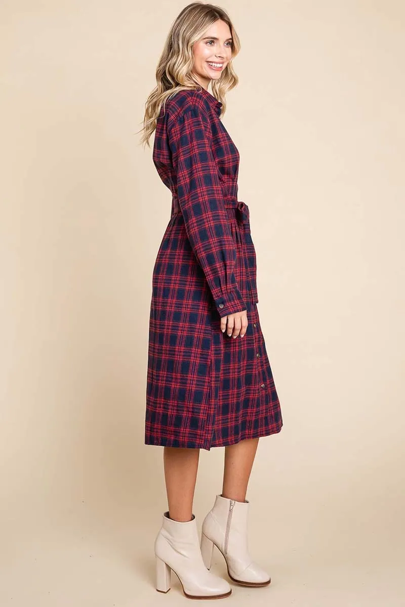 Long Sleeve Plaid Belted Flannel Shirt Dress