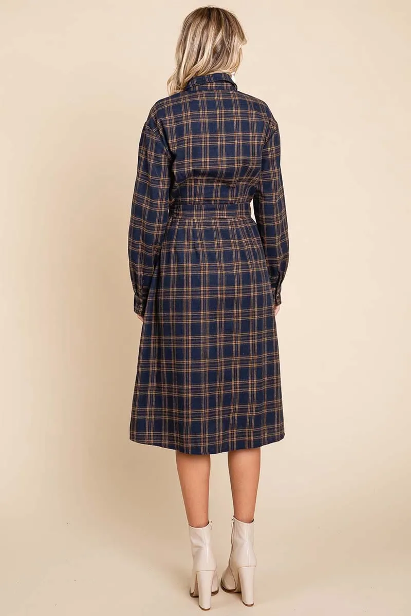 Long Sleeve Plaid Belted Flannel Shirt Dress