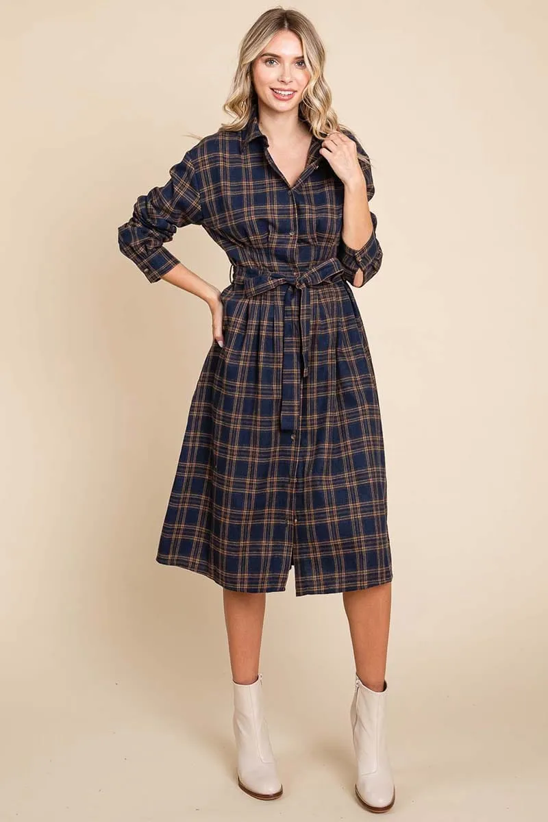 Long Sleeve Plaid Belted Flannel Shirt Dress