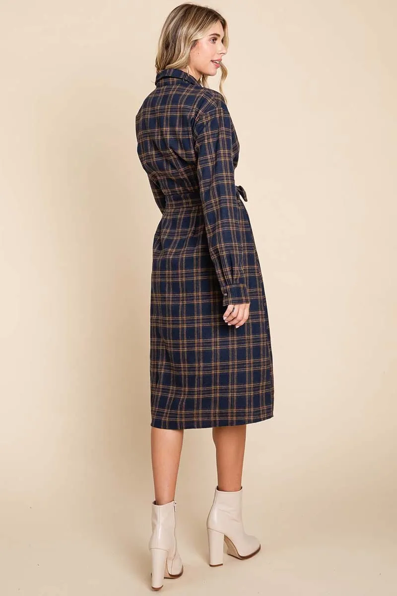 Long Sleeve Plaid Belted Flannel Shirt Dress