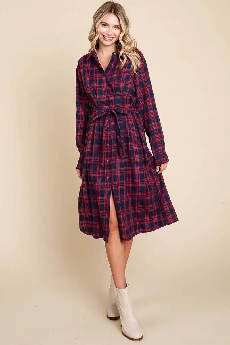 Long Sleeve Plaid Belted Flannel Shirt Dress