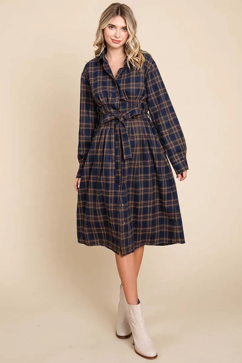 Long Sleeve Plaid Belted Flannel Shirt Dress