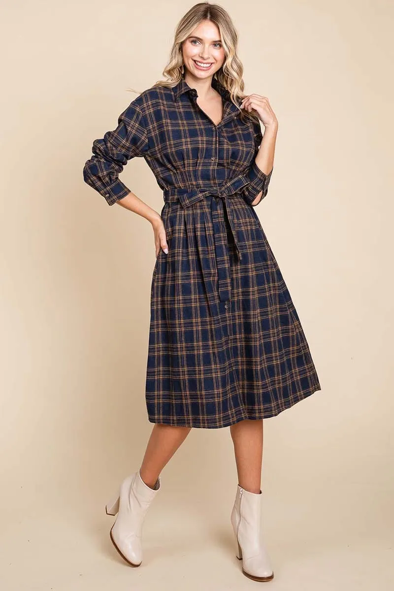 Long Sleeve Plaid Belted Flannel Shirt Dress