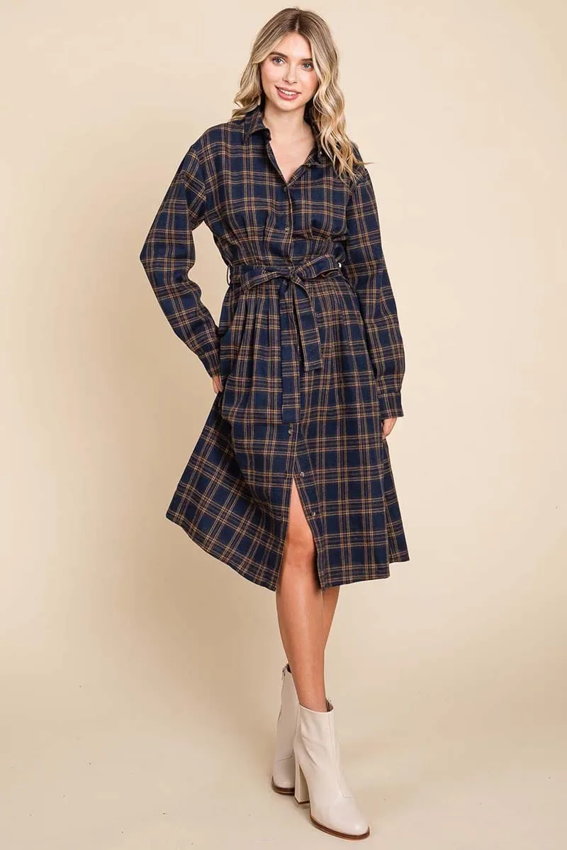 Long Sleeve Plaid Belted Flannel Shirt Dress