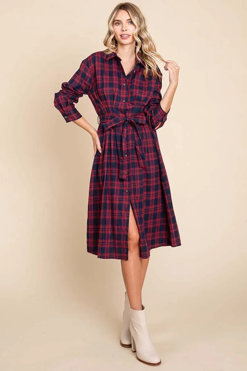 Long Sleeve Plaid Belted Flannel Shirt Dress