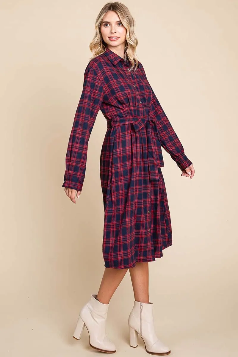 Long Sleeve Plaid Belted Flannel Shirt Dress