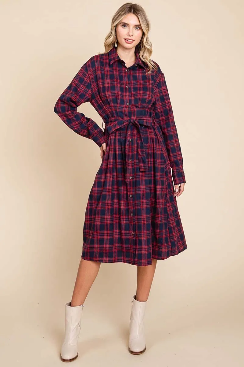 Long Sleeve Plaid Belted Flannel Shirt Dress