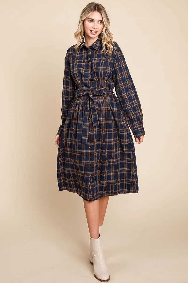 Long Sleeve Plaid Belted Flannel Shirt Dress