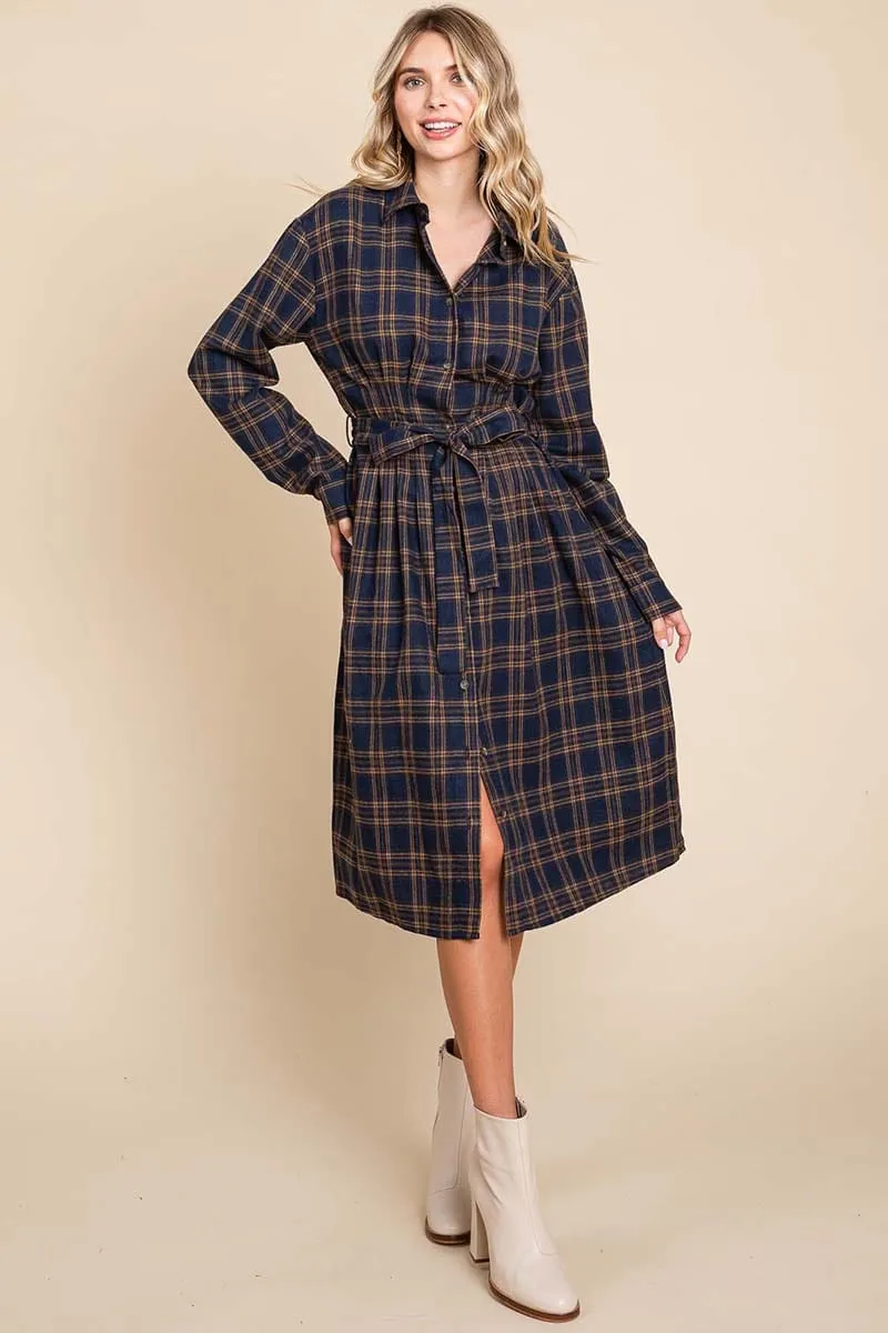 Long Sleeve Plaid Belted Flannel Shirt Dress