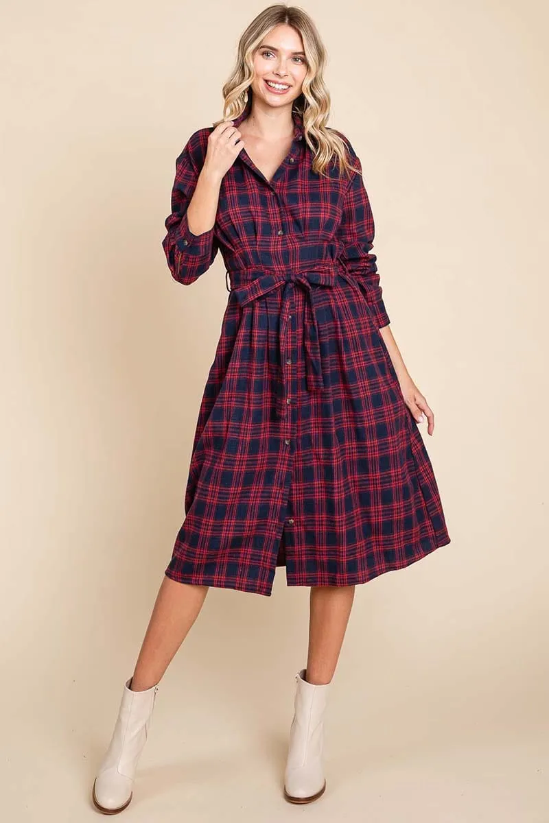 Long Sleeve Plaid Belted Flannel Shirt Dress