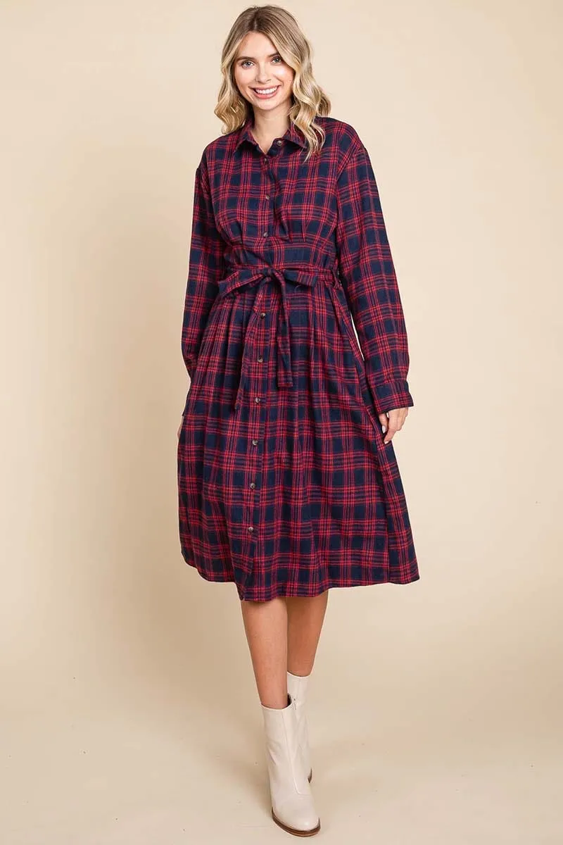 Long Sleeve Plaid Belted Flannel Shirt Dress