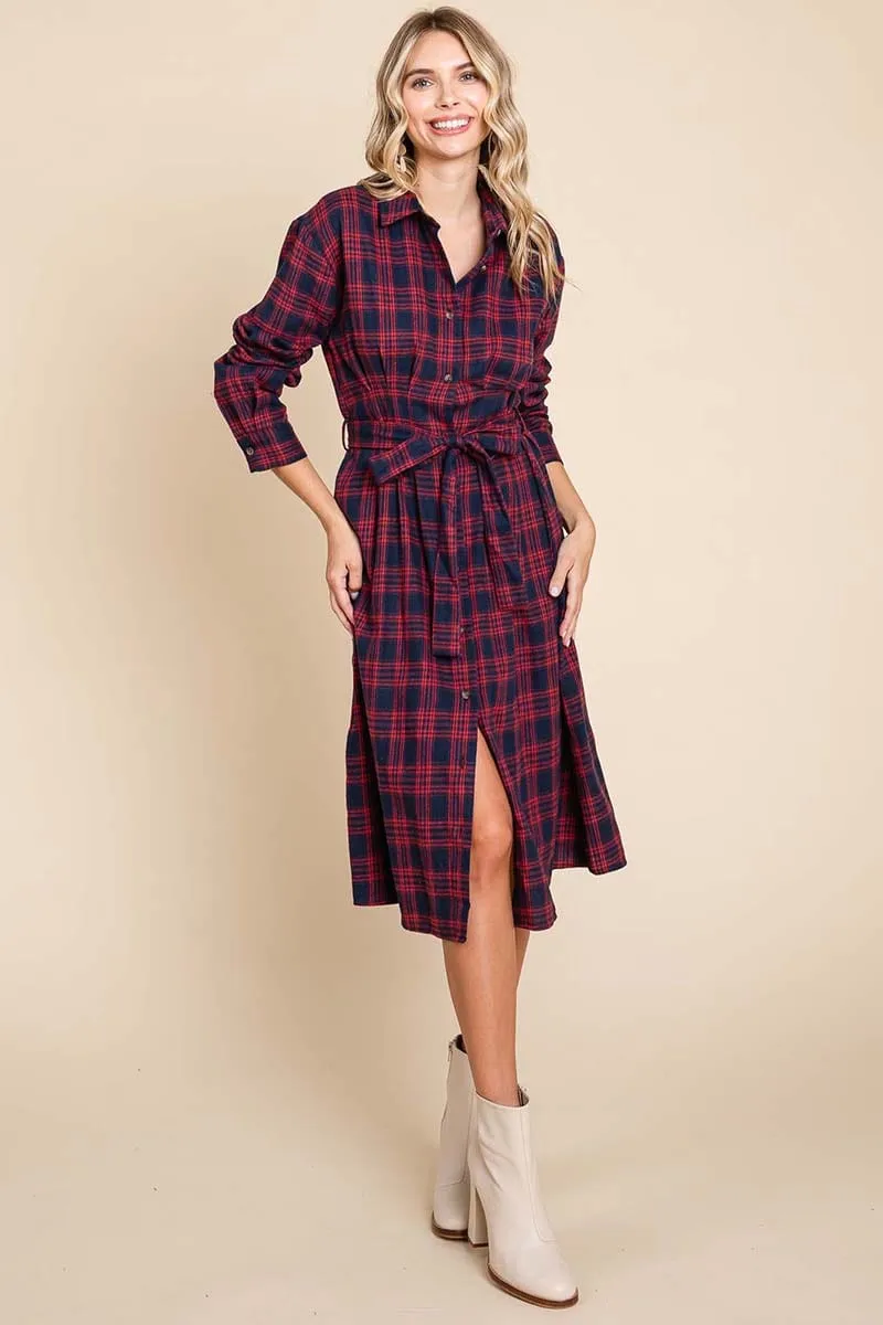 Long Sleeve Plaid Belted Flannel Shirt Dress