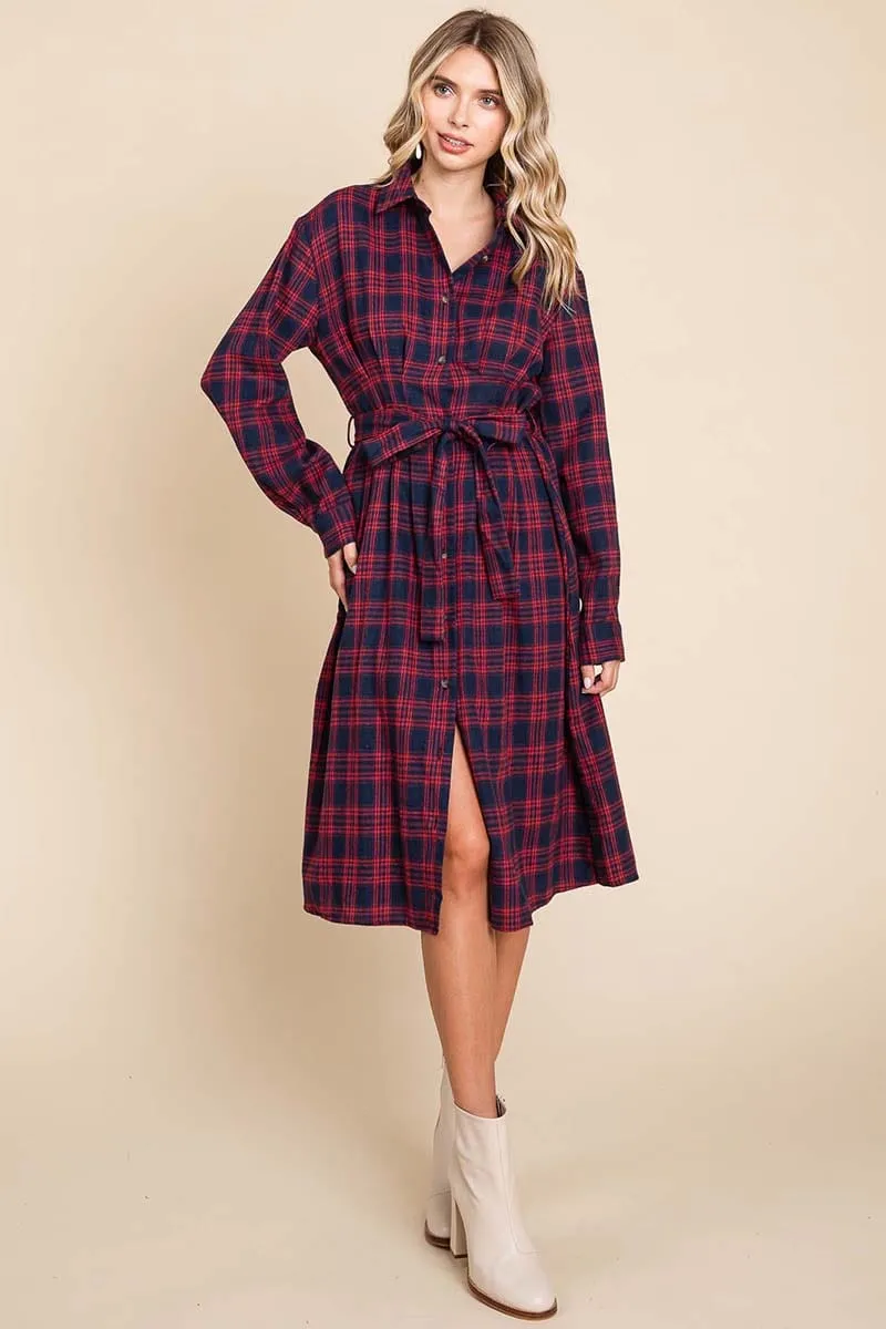 Long Sleeve Plaid Belted Flannel Shirt Dress