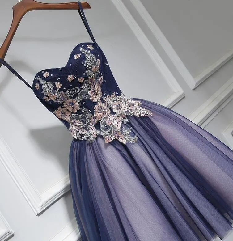 Lovely Purple-Blue Knee Length Flowers Sweetheart Homecoming Dress, Short Prom Dress