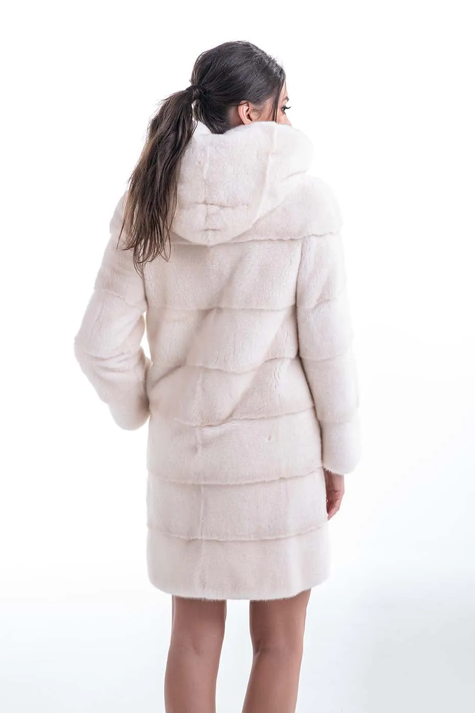 Luxury Ivory Natural Hooded Mink Fur Coat