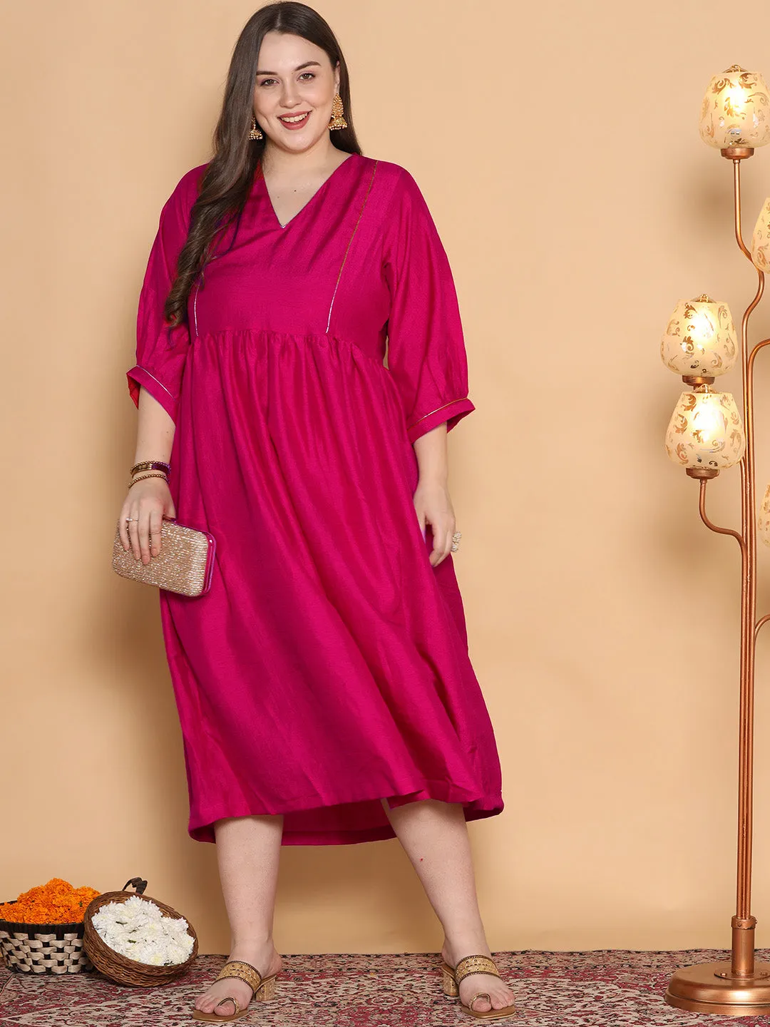 Magenta Silk Gathered Dress