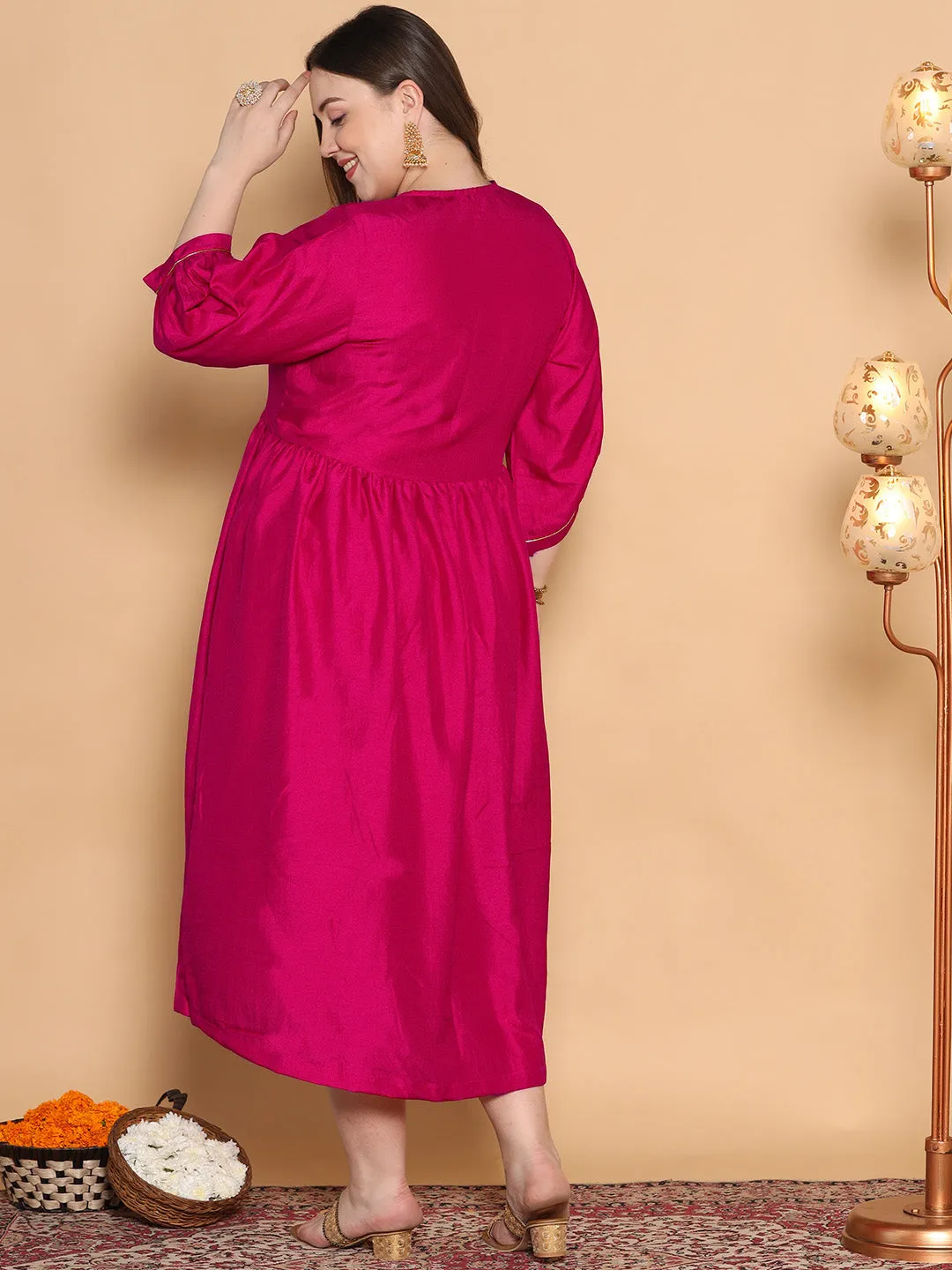 Magenta Silk Gathered Dress