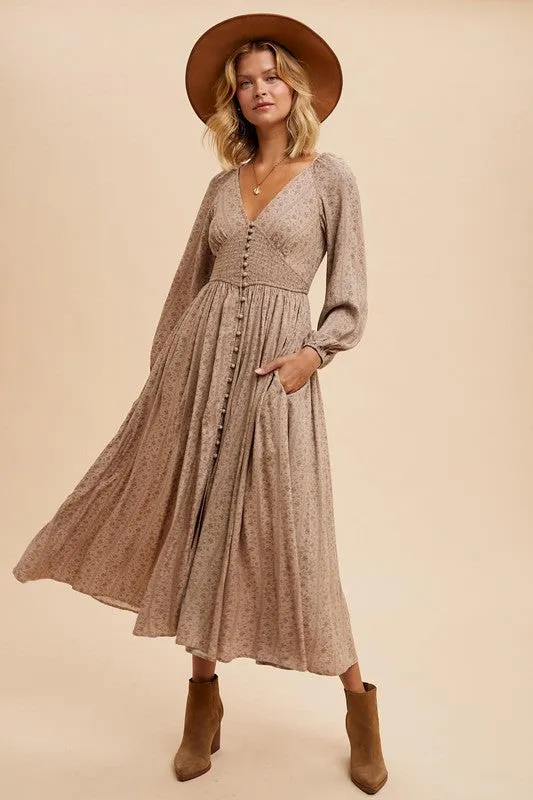 MARIA SMOCKED BUTTON DOWN MAXI DRESS