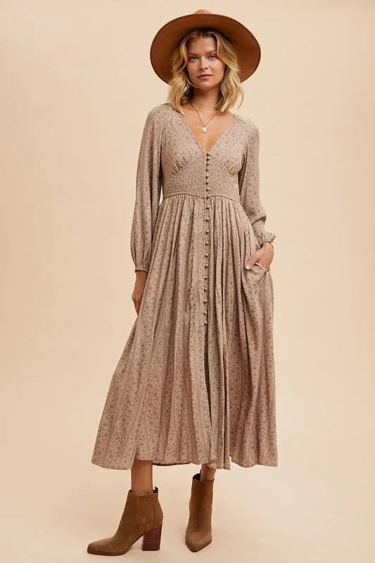 MARIA SMOCKED BUTTON DOWN MAXI DRESS