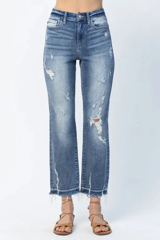 Medium Wash High Waist Straight Destroyed  Released Hem Jeans