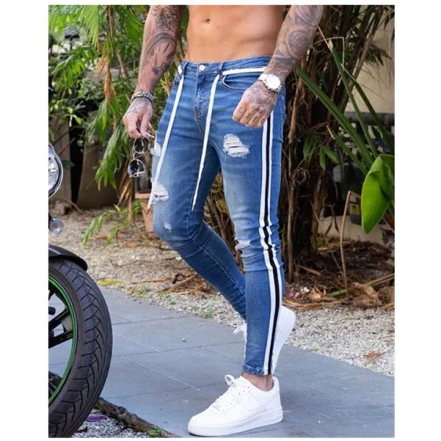 Men Destroyed Fit Denim Ripped Stripe Jeans