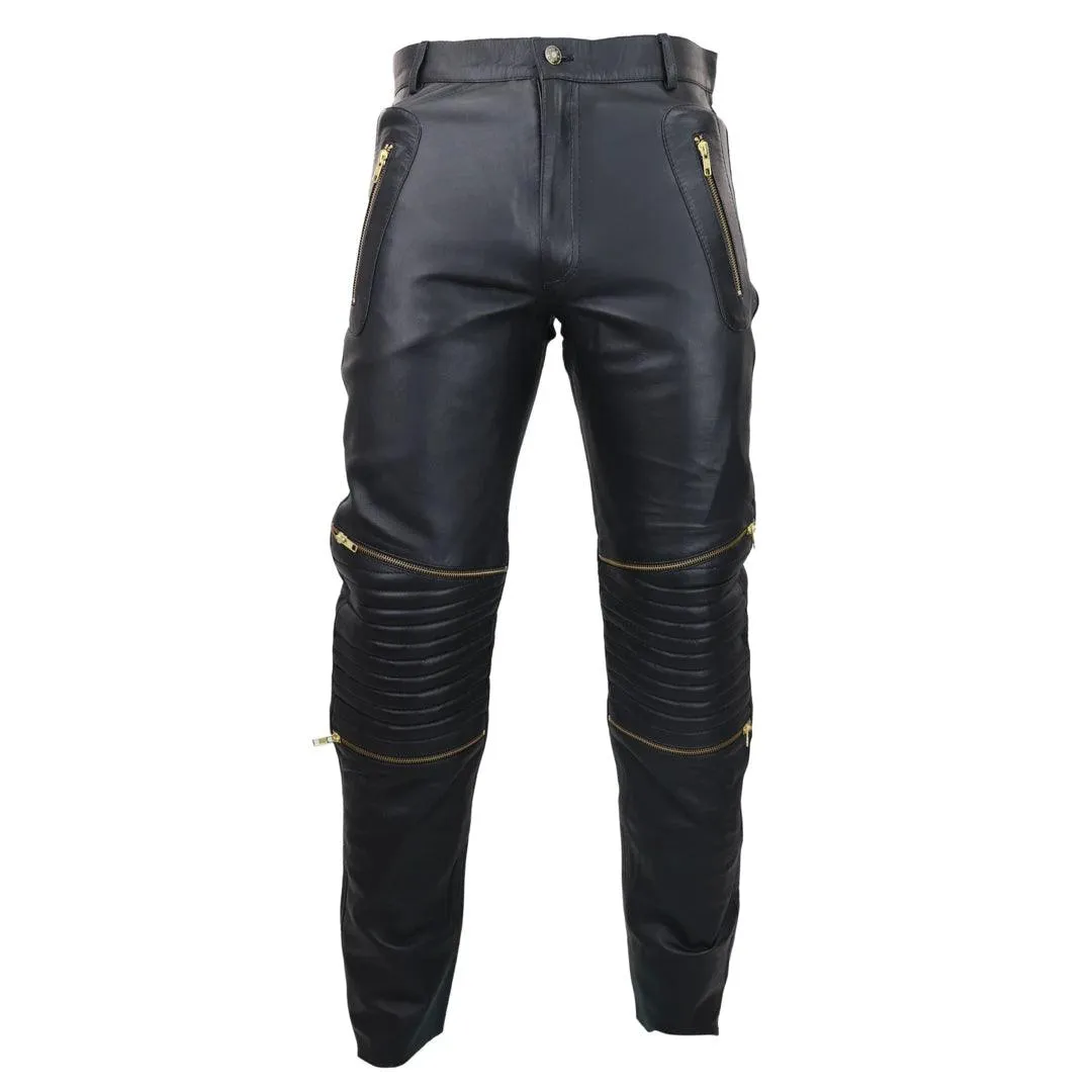 Mens Black White Real Leather Jeans Gold Zips Retro Classic Vintage Goth Punk