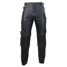 Mens Black White Real Leather Jeans Gold Zips Retro Classic Vintage Goth Punk