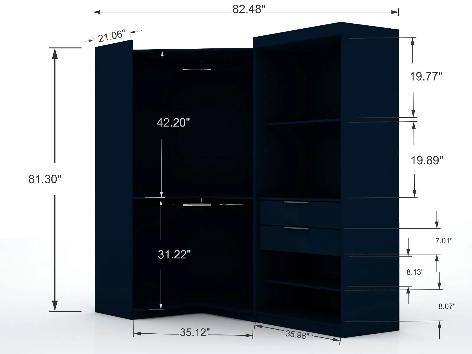 Mulberry 3.0 Sectional Modern Corner Wardrobe Closet with 2 Drawers - Set of 2 in Tatiana Midnight Blue