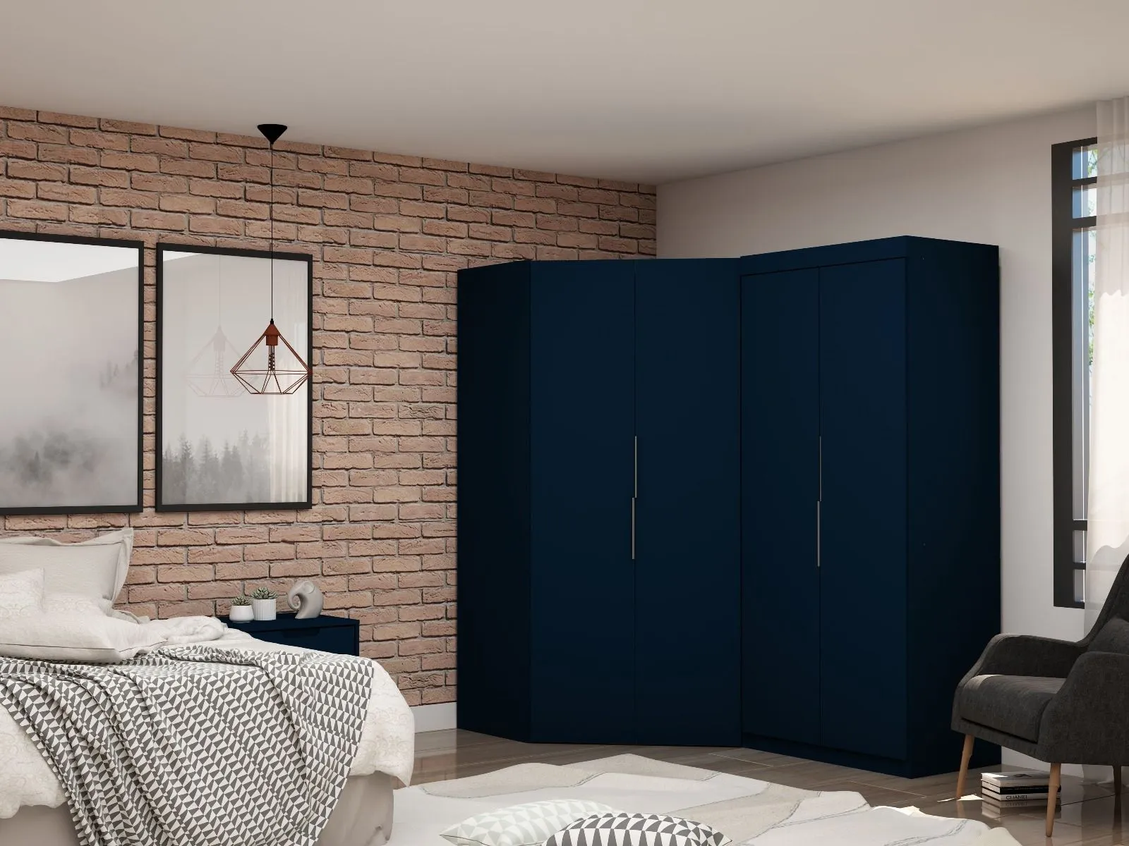 Mulberry 3.0 Sectional Modern Corner Wardrobe Closet with 2 Drawers - Set of 2 in Tatiana Midnight Blue