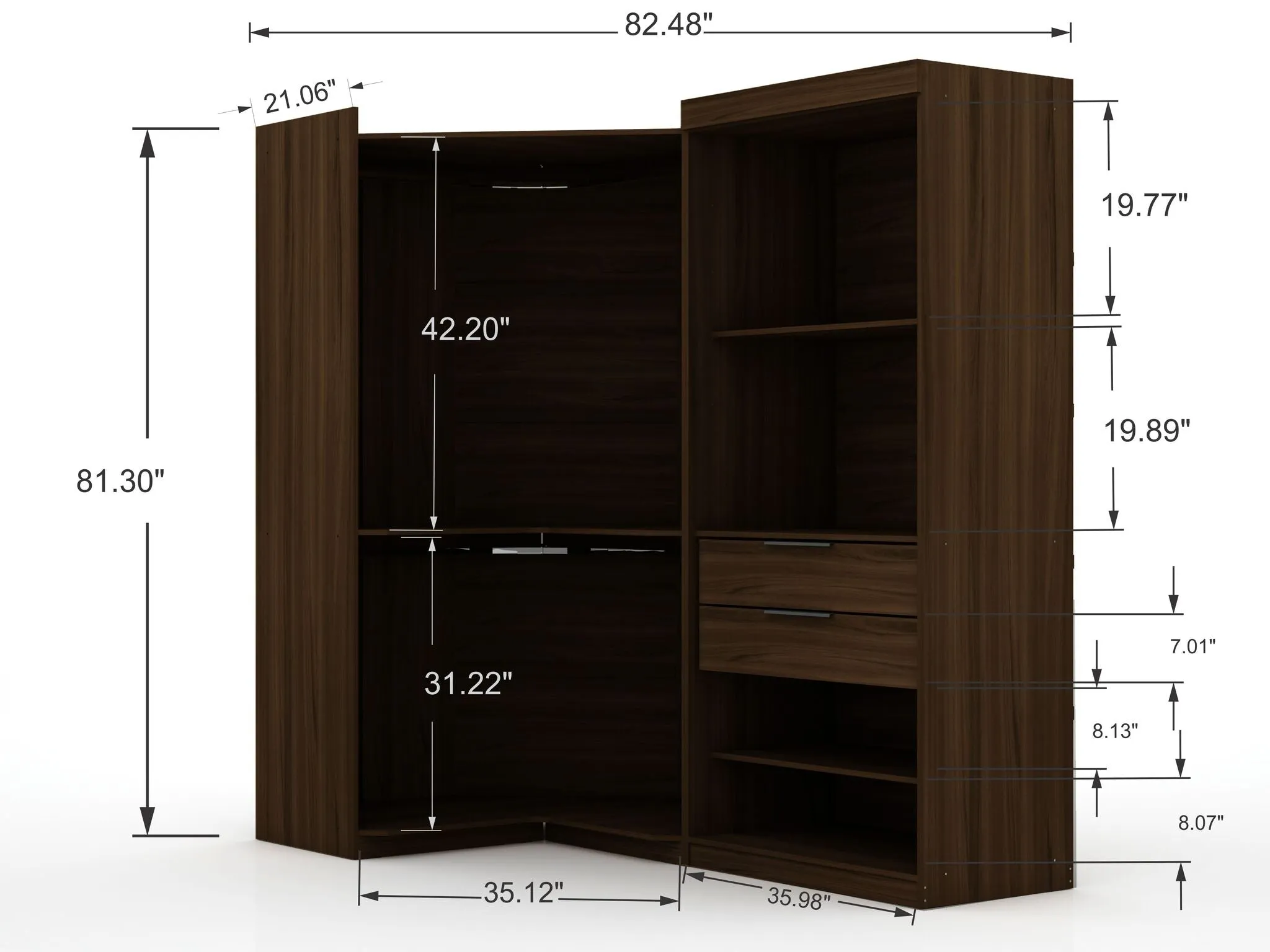 Mulberry Open 2 Sectional Modern Corner Wardrobe Closet with 2 Drawers- Set of 2 in Brown