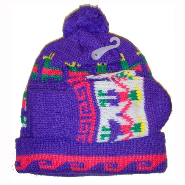 Nordic knit unworn vintage girls ski bobble hat and mittens set