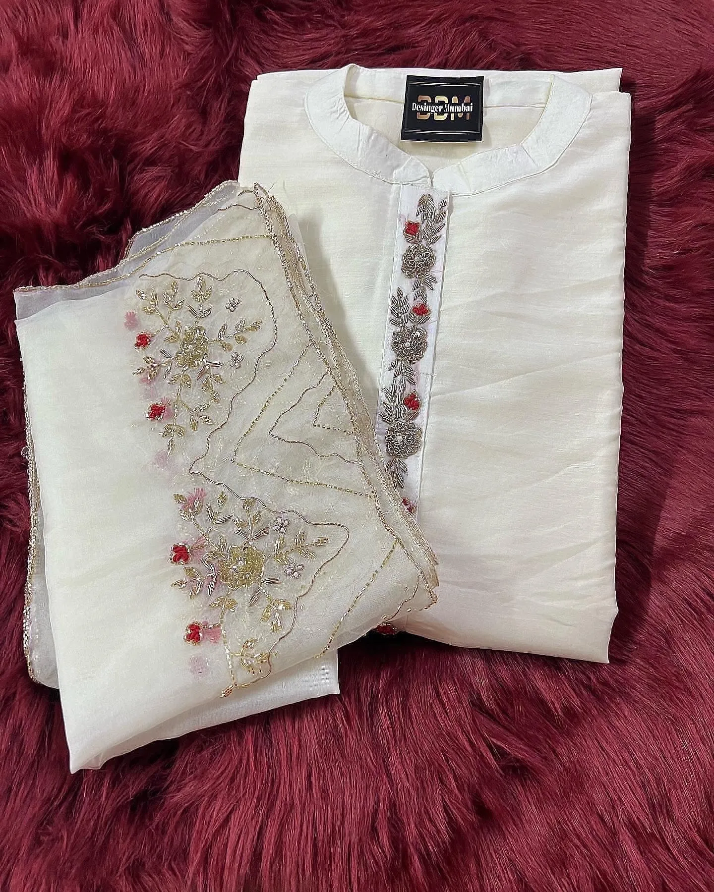 Off-white Handcrafted Straight Cotton Silk Kurti Set