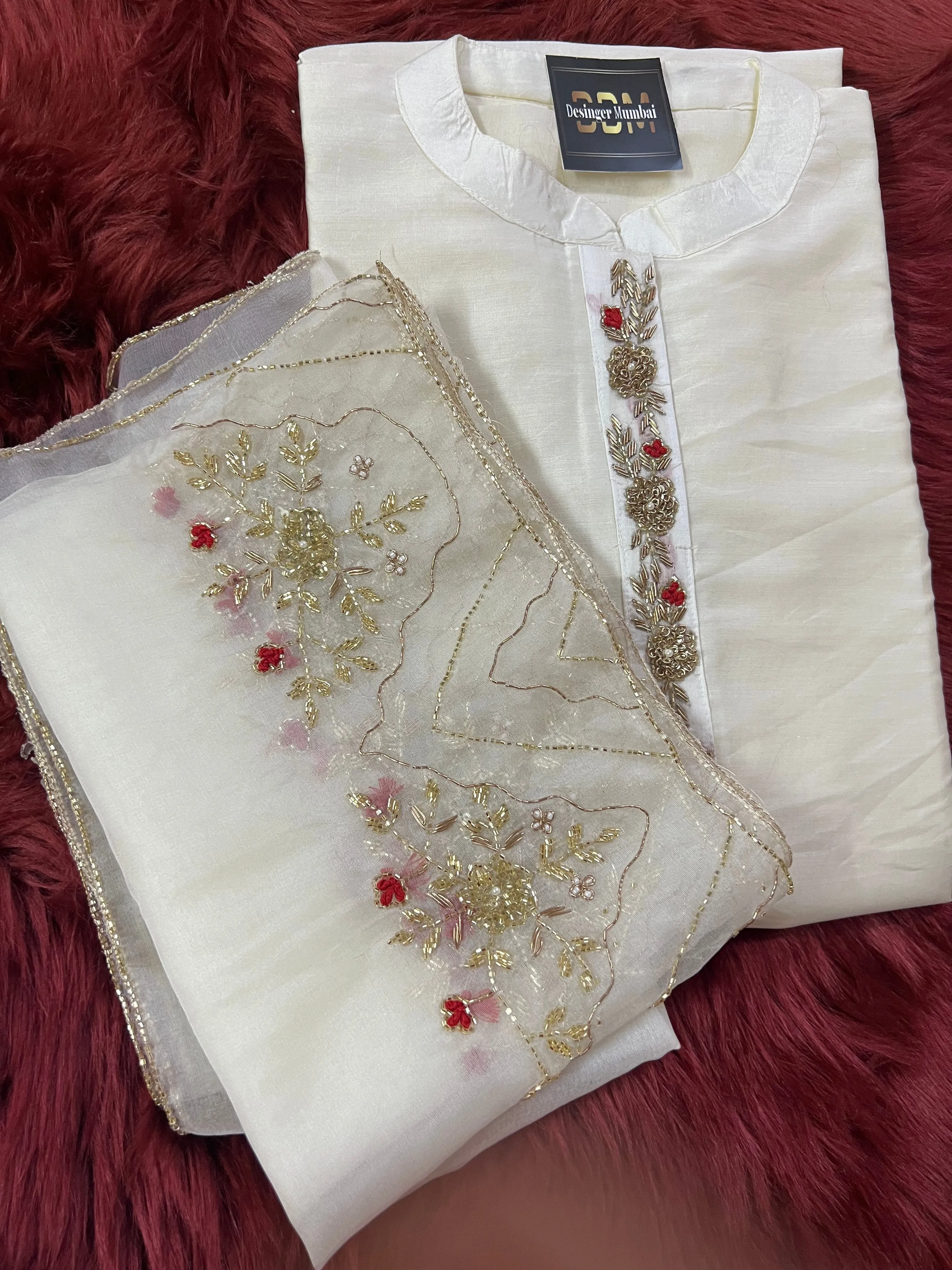 Off-white Handcrafted Straight Cotton Silk Kurti Set