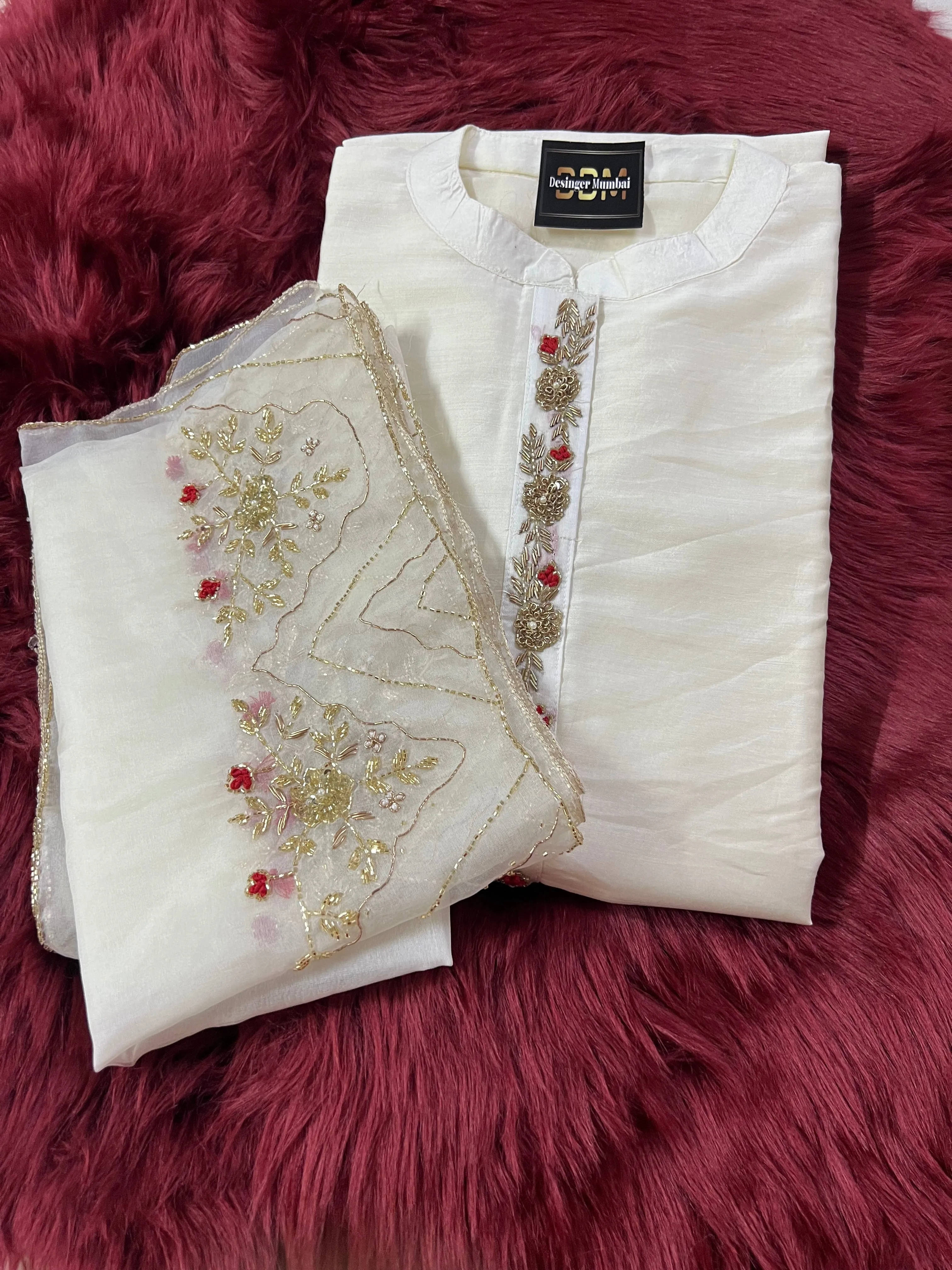 Off-white Handcrafted Straight Cotton Silk Kurti Set