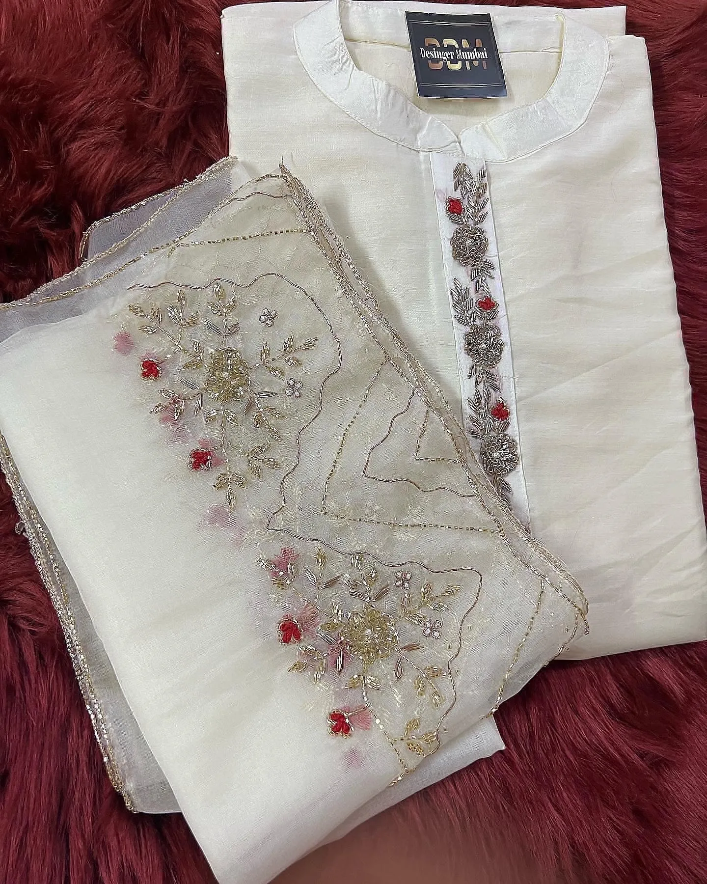 Off-white Handcrafted Straight Cotton Silk Kurti Set