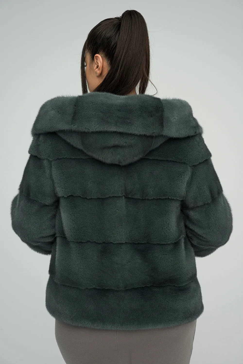 Olive Genuine Hooded Mink Fur Coat