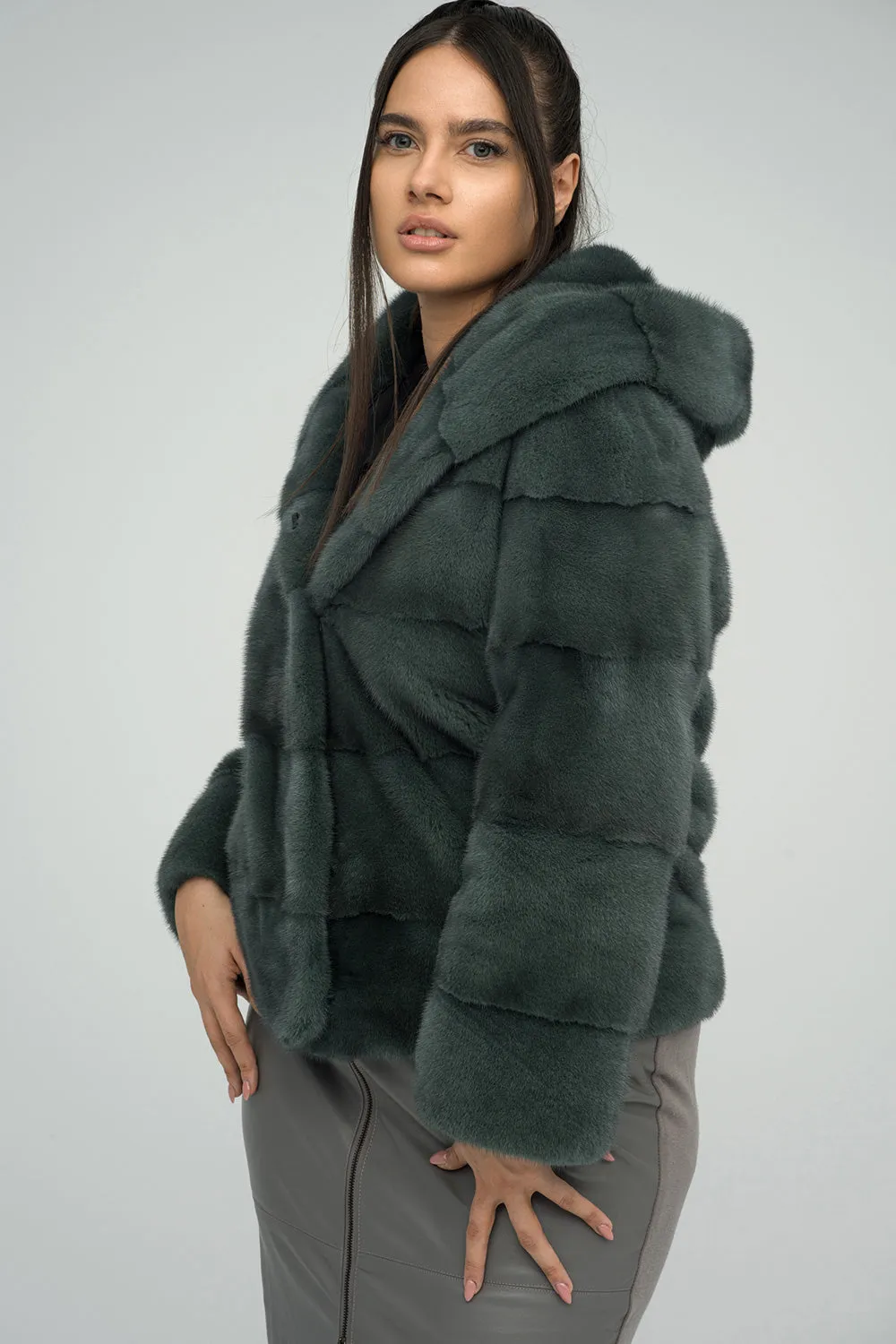 Olive Genuine Hooded Mink Fur Coat