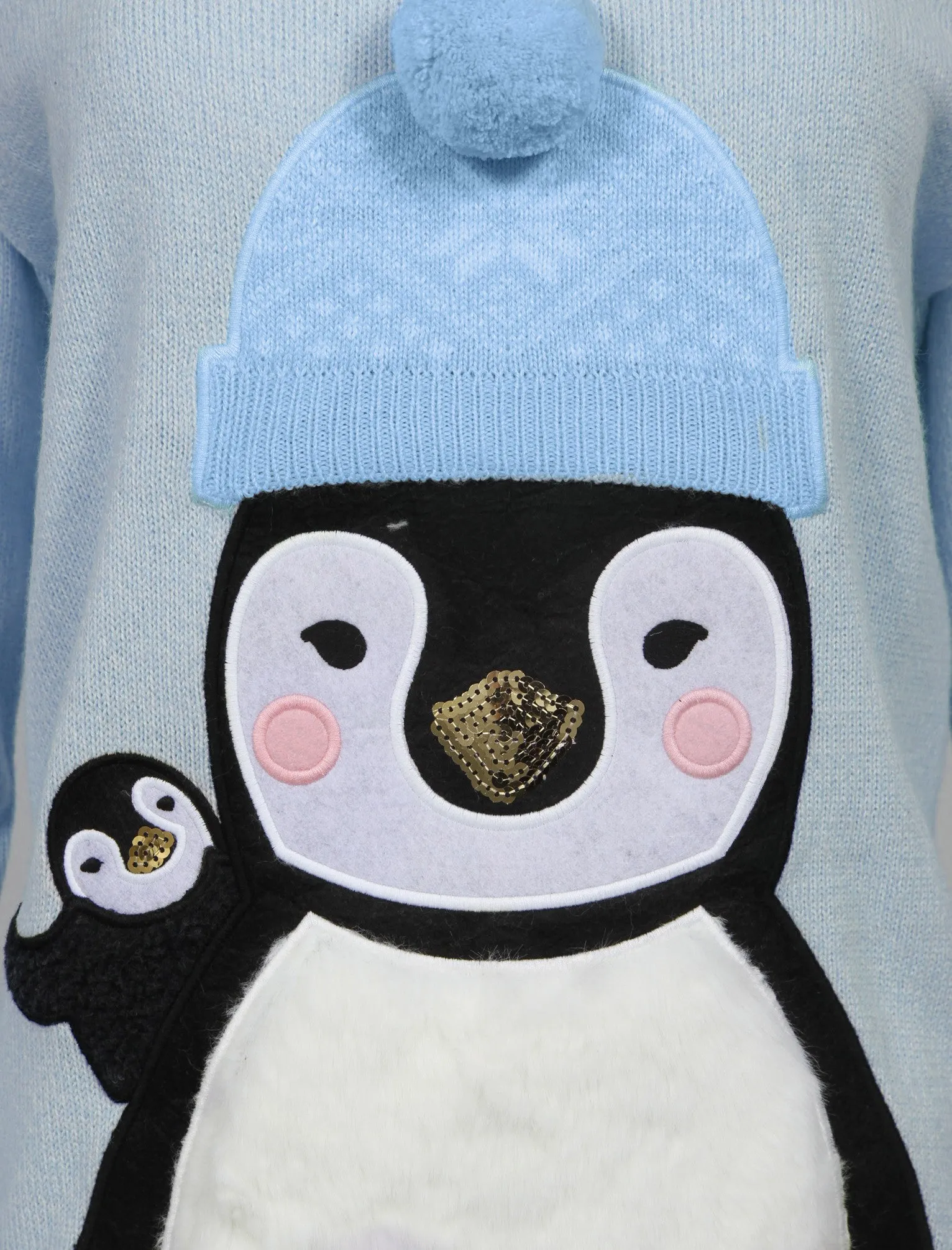 Penguin   Hat Knitted Christmas Jumper in Sky Blue - Merry Christmas