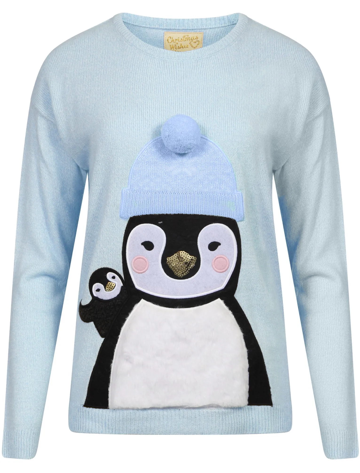 Penguin   Hat Knitted Christmas Jumper in Sky Blue - Merry Christmas