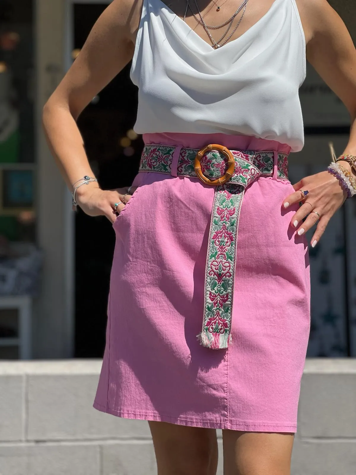 Pink Skirt With Lycra Belt Detail