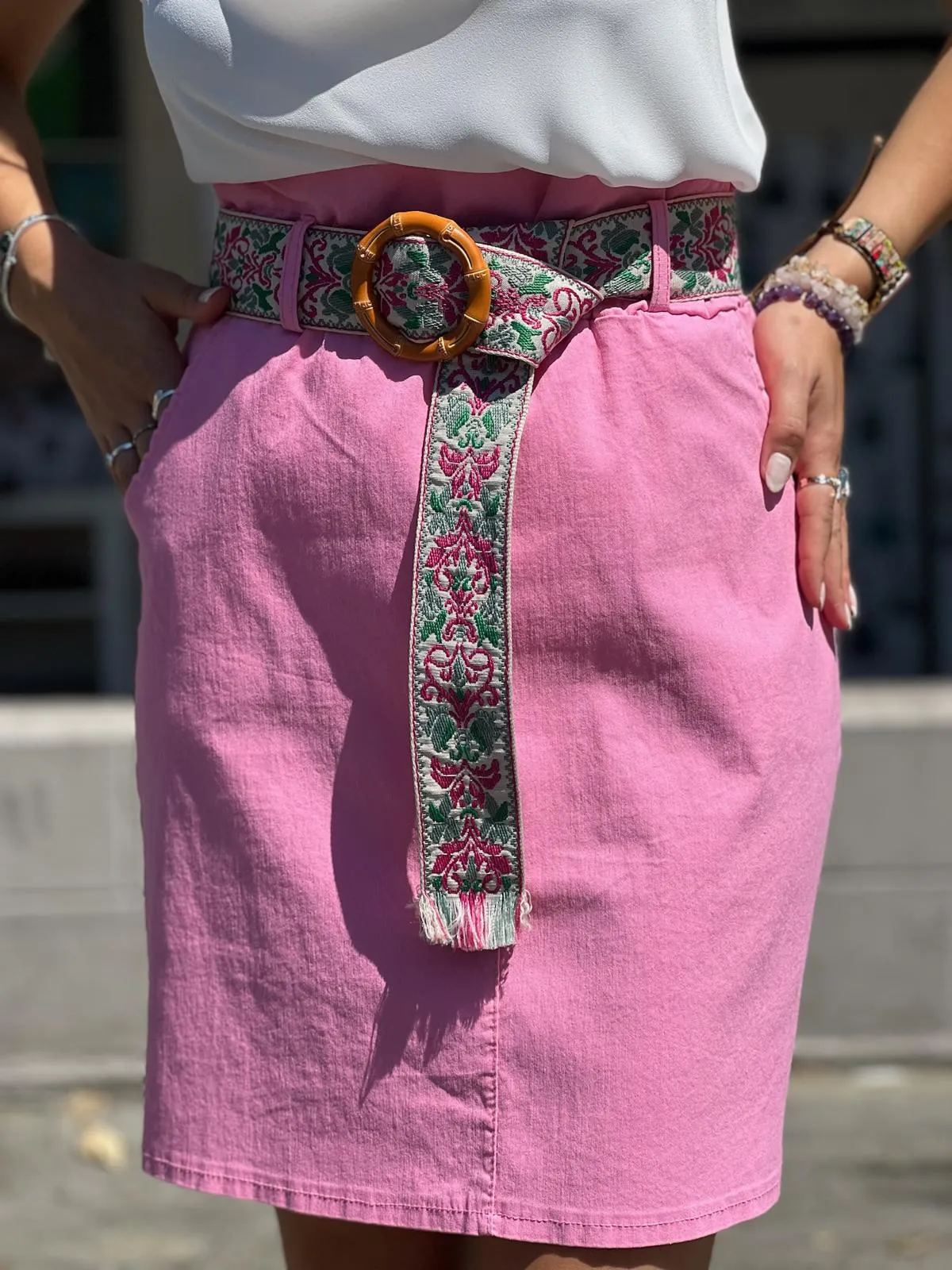 Pink Skirt With Lycra Belt Detail