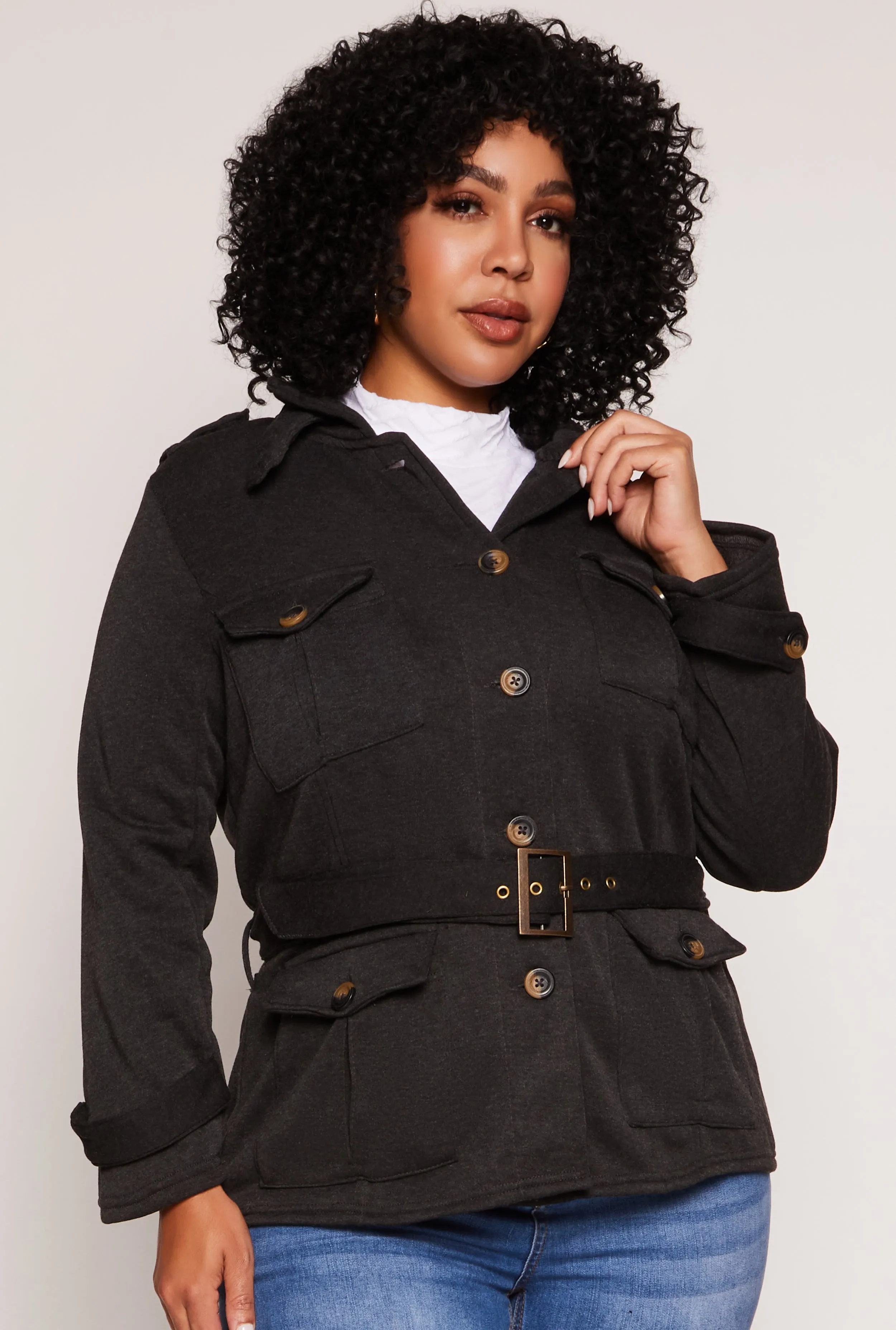 Plus Size Fleece Belted Military Jacket