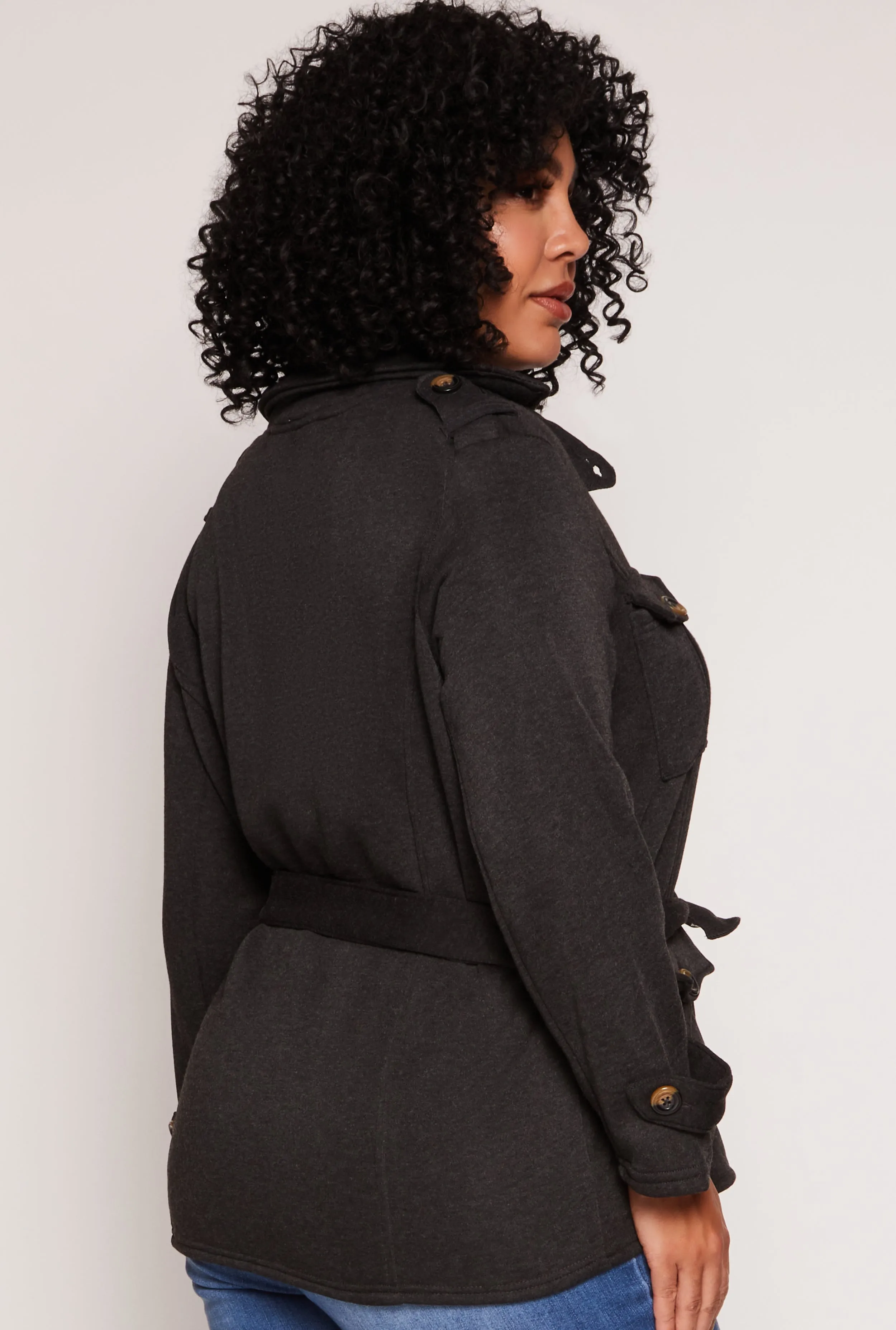 Plus Size Fleece Belted Military Jacket