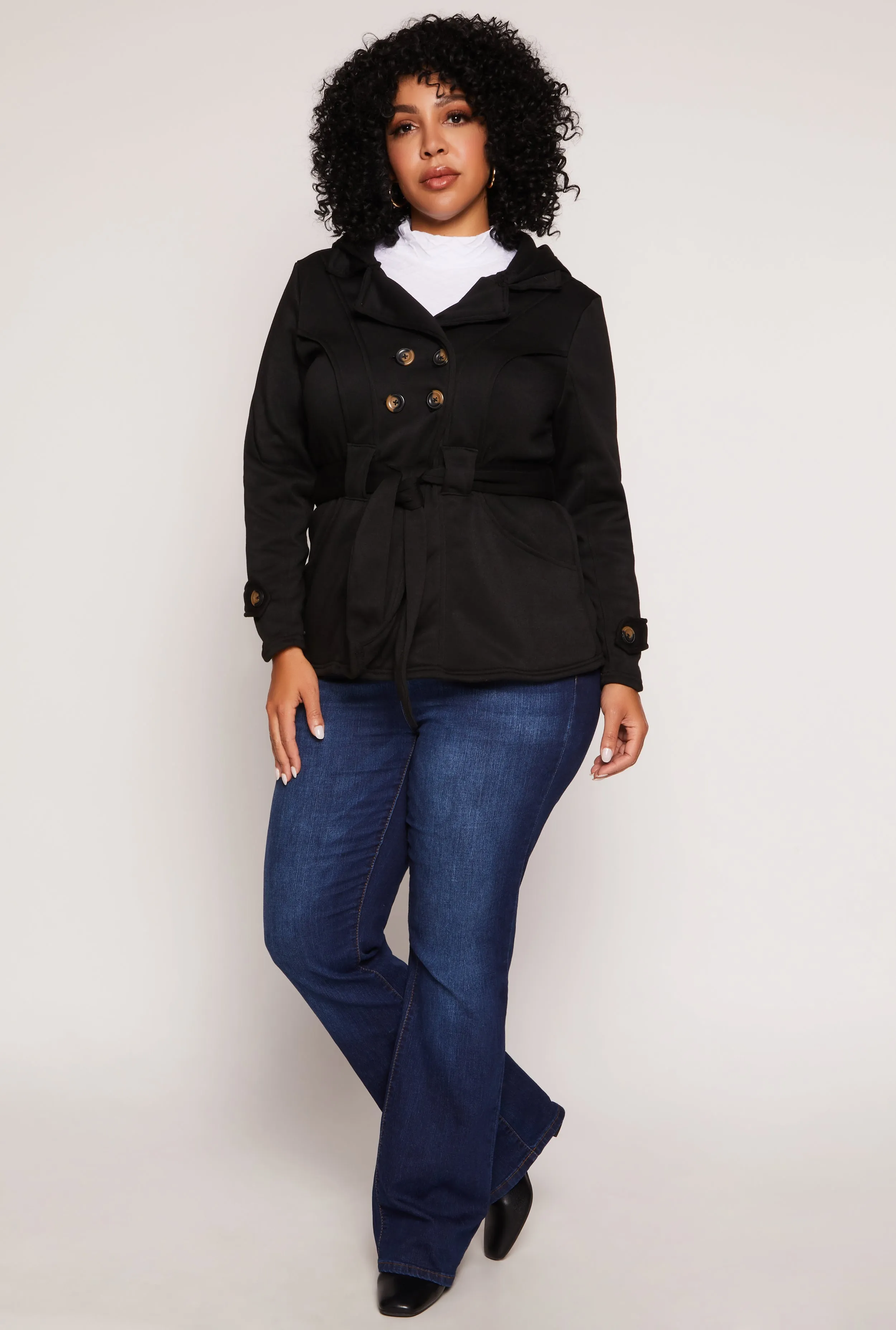 Plus Size Fleece Double Breast Belted Peacoat