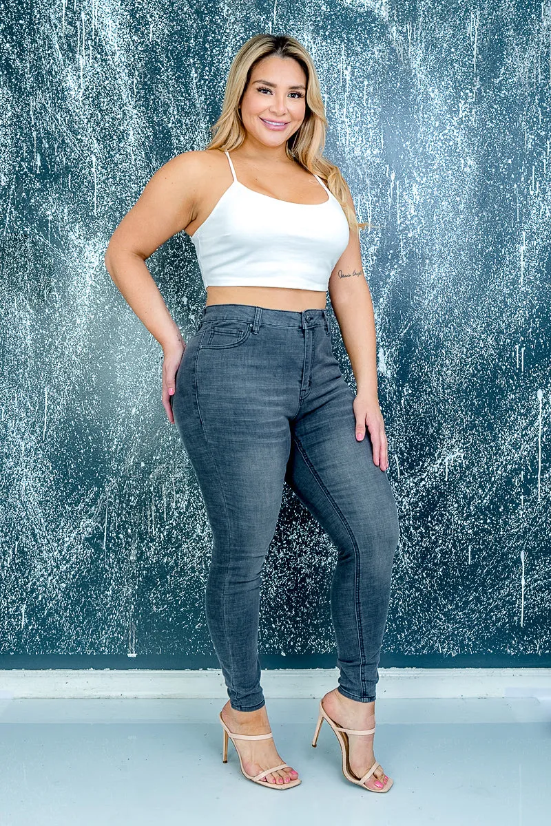 Plus Size Stretch Denim Skinny Jeans with Fading and Whisker Detail in Black (HPS-1555-BLK)