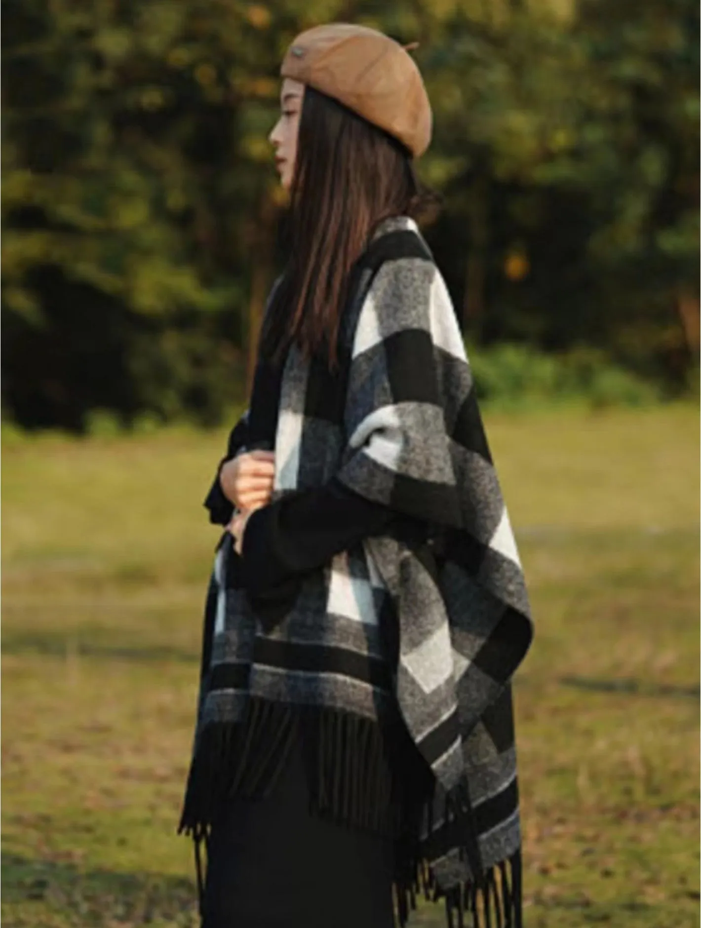 Premium Soft Black & White Checkered Cape W/ Fringes