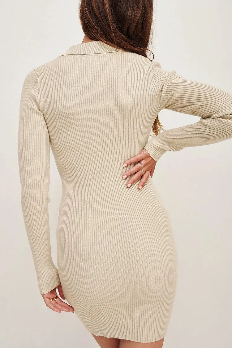 Preppy Collared V Neck Long Sleeve Ribbed Sweater Mini Dress - Light Coffee